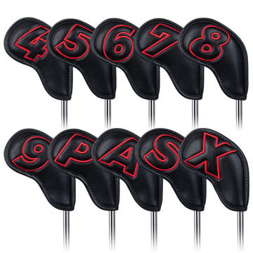 10pcs Red Numbers Black Leather Iron Headcovers with Magnetic Closure